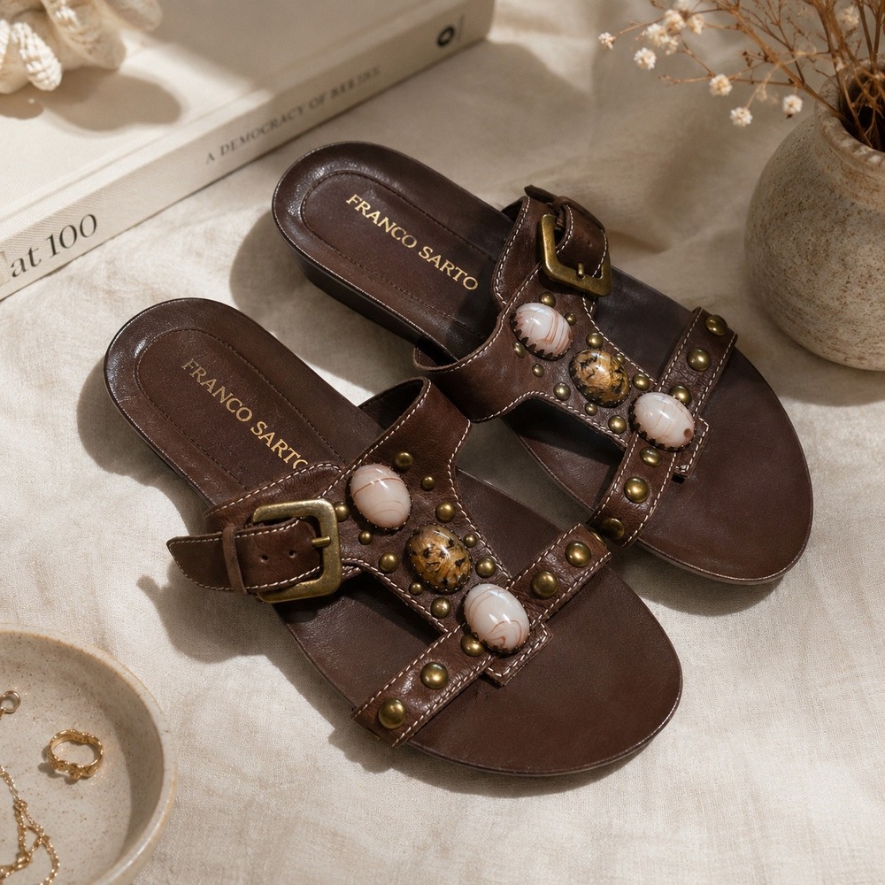 Franco Sarto Brown Leather‎ Stone Studded Slide Sandals Western Boho Hippie  7M